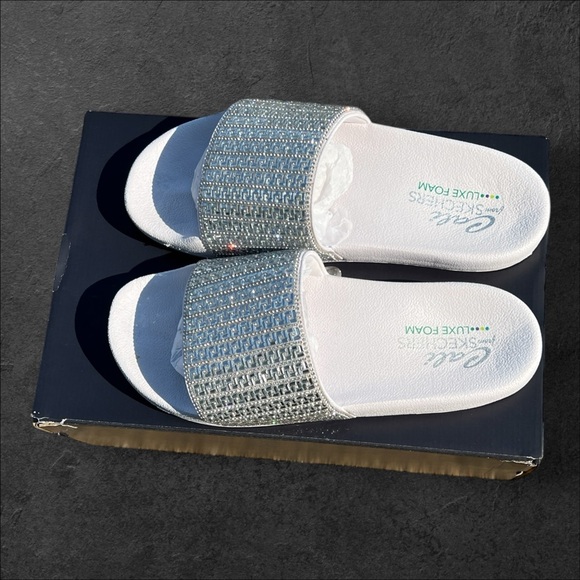 Skechers Vegan Cali Pop Ups New Spark White and Silver Slide Luxe Foam Sandals - Picture 15 of 17